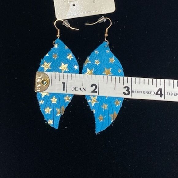 Gold Stars Turquoise Blue Leather Feather Earrings 3.5 Inches - Picture 4 of 6
